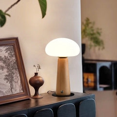 Opal Glass Dome Table Lamp, Tapered Solid Wood Column, Touch Control, Dark Walnut Finish, Bedside & Console, Home Office