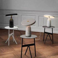 White Marble Column Table Lamp, Grey Angled Disc Shade, Brass Collar, Touch Control, Battery Powered, Bedside & Console