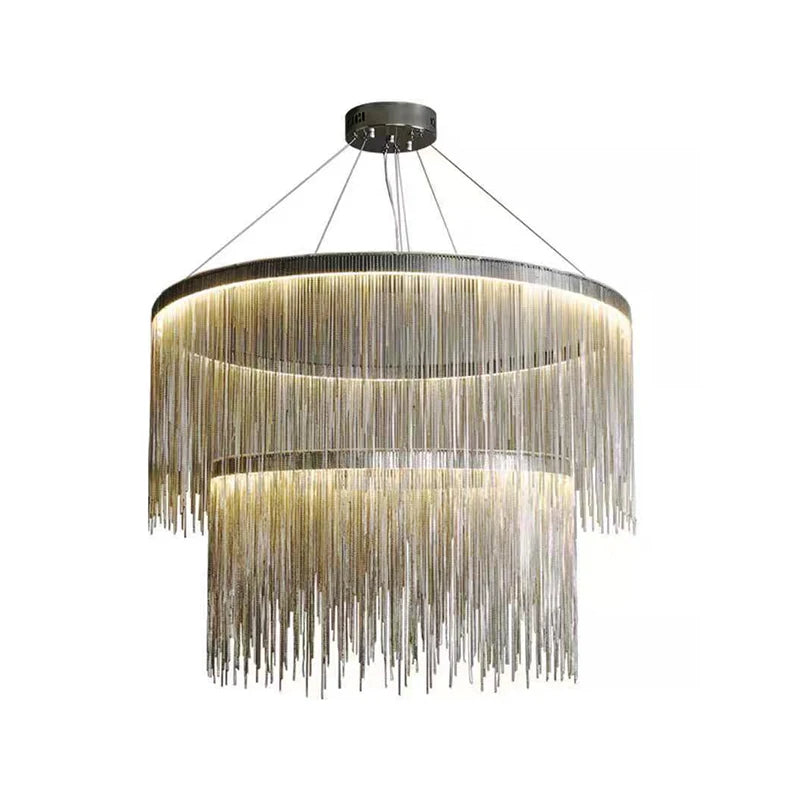 Rose Gold Chain Fringe Tiered Chandelier, Mini Two Tier Cascade over a Silver Drum Frame, Dining Room and Living Room
