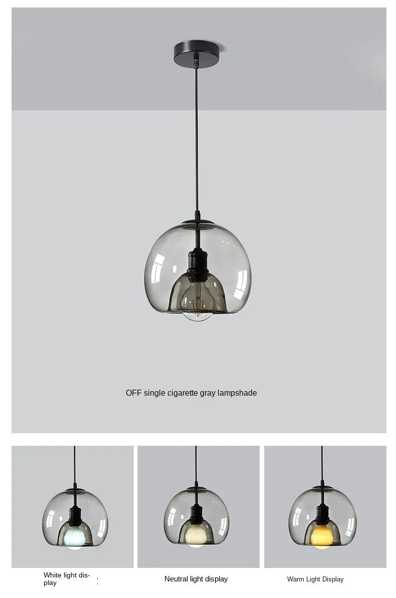 Smoked Glass Globe Pendant Light, Single Head on a Matt Black Rod, Exposed Filament, Dining Table & Kitchen Island