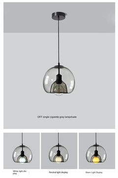 Smoked Glass Globe Pendant Light, Single Head on a Matt Black Rod, Exposed Filament, Dining Table & Kitchen Island