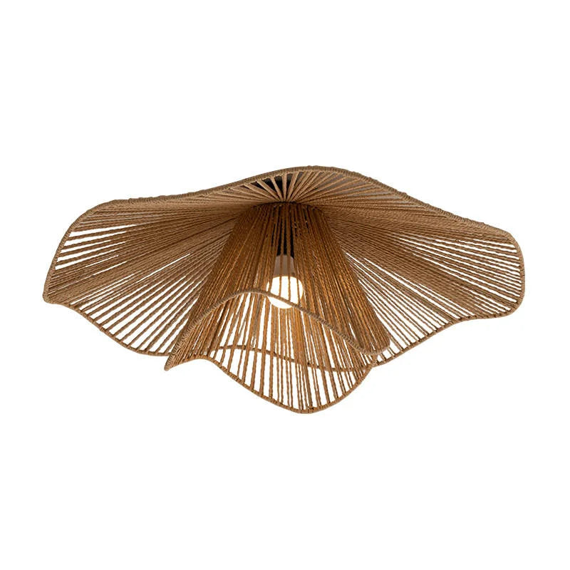 Woven Rattan Flower Flush Ceiling Light, 80cm Natural Petal Shade over an Integrated LED, Dining Room and Bedroom