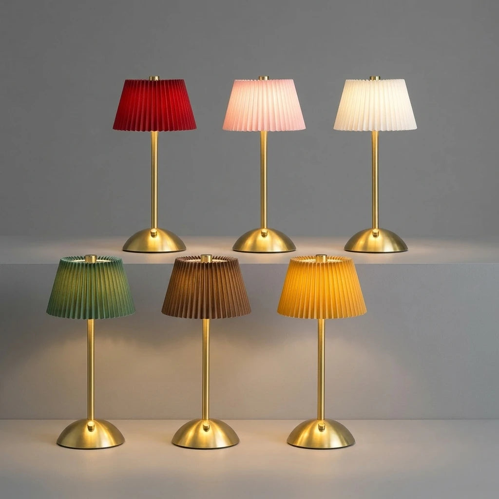 Green Pleated Fabric Cone Table Lamp, Brass Stem, Rechargeable Cordless Touch Control, Bedside, Console & Dining Table