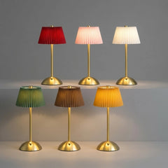 Green Pleated Fabric Cone Table Lamp, Brass Stem, Rechargeable Cordless Touch Control, Bedside, Console & Dining Table
