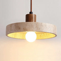 Natural Travertine Disc Pendant Light, Wood Cap Over a Bare Opal Glass Globe, Bulb Not Included, Bedside & Kitchen Island