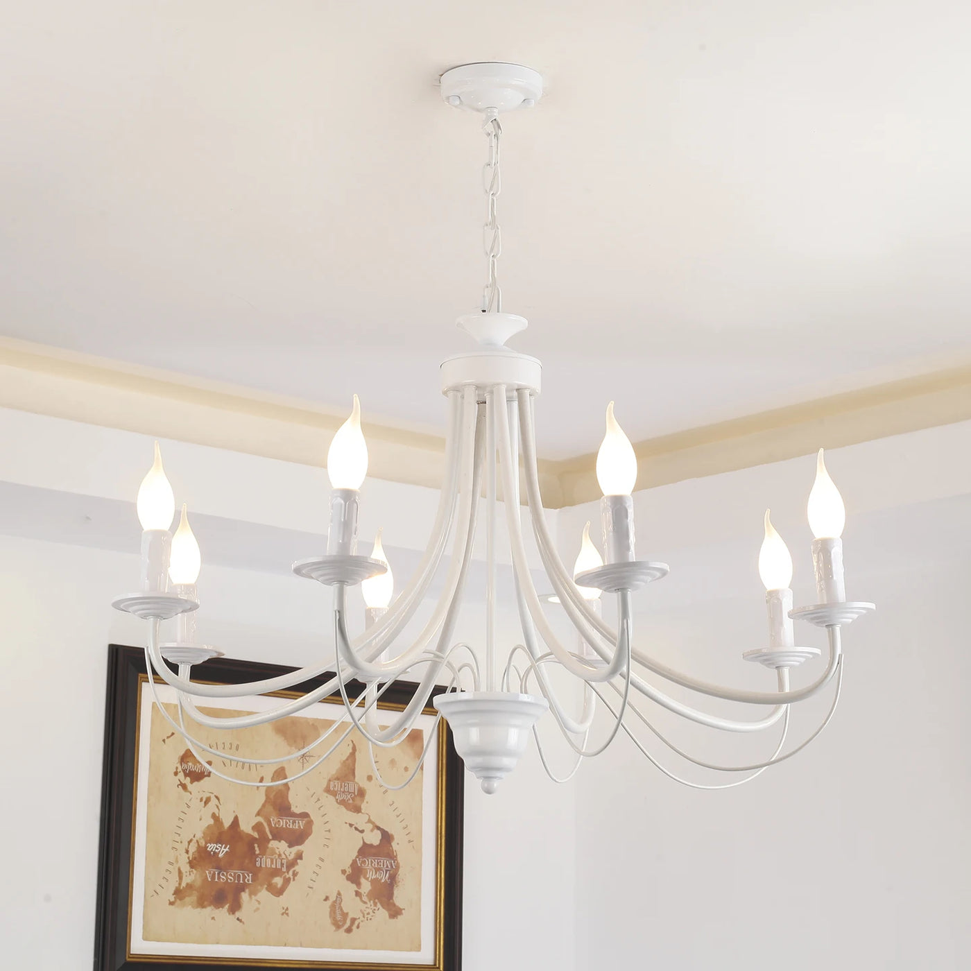 Curved Branch Iron Chandelier, 8 Light Candle Style Arms, White Finish, 73x73x108cm, Traditional Style, Dining Room & Hallway