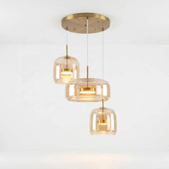 Amber Glass Drum Cluster Pendant Light, Three Light, Brushed Brass Diffuser Disc, Kitchen Island & Dining Table