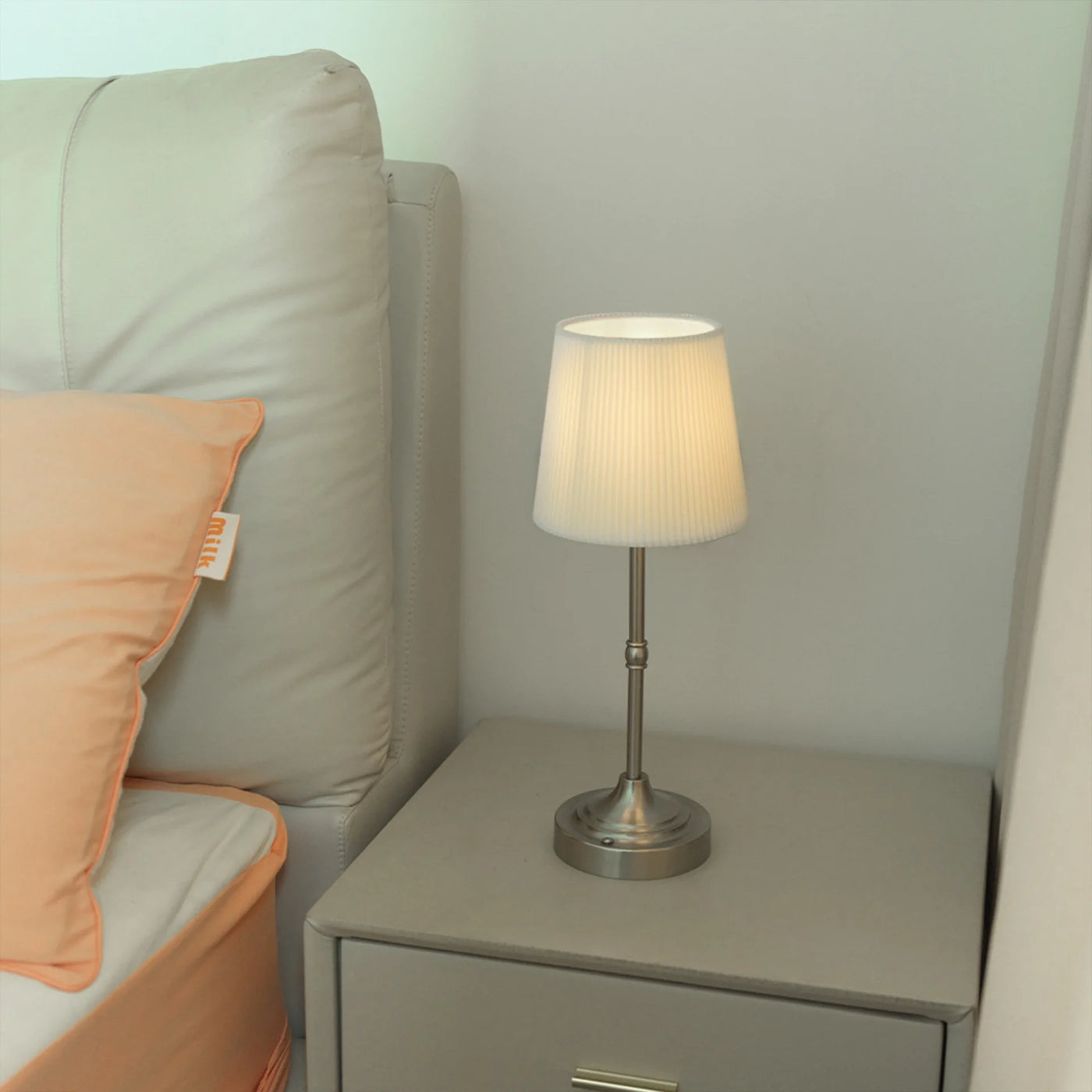 Pleated Fabric Cone Table Lamp, Brushed Nickel Stem, Rechargeable Cordless Light, Bedside & Living Room Table
