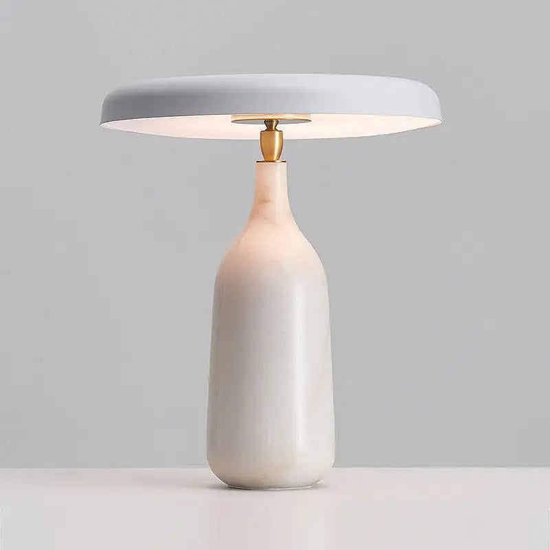 White Marble Column Table Lamp, Grey Angled Disc Shade, Brass Collar, Touch Control, Battery Powered, Bedside & Console