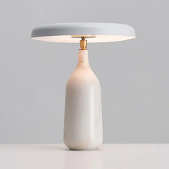 White Marble Column Table Lamp, Grey Angled Disc Shade, Brass Collar, Touch Control, Battery Powered, Bedside & Console