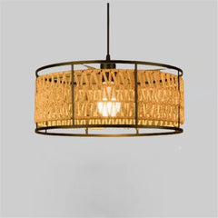 Perforated Rattan Drum Pendant Light, Black Finish, Style B, Black Cable Suspension, Bulb Not Included, Kitchen Island and Dining Table