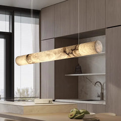 Natural Alabaster Linear Bar Pendant Light, 180cm Length, Knotted Texture, Integrated LED, Kitchen Island & Dining Room