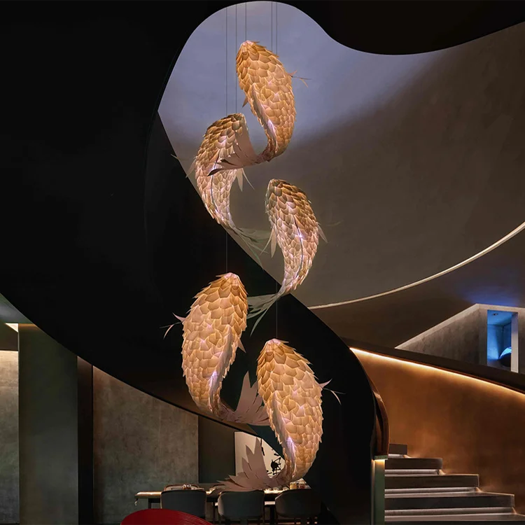 Textured Wood Koi Fish Pendant Light, Layered Sculptural Form, Integrated LED, 250cm Drop, Stairwell, Hallway & Dining Room