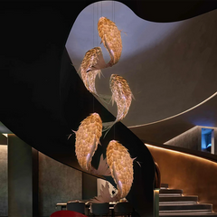 Textured Wood Koi Fish Pendant Light, Layered Sculptural Form, Integrated LED, 250cm Drop, Stairwell, Hallway & Dining Room