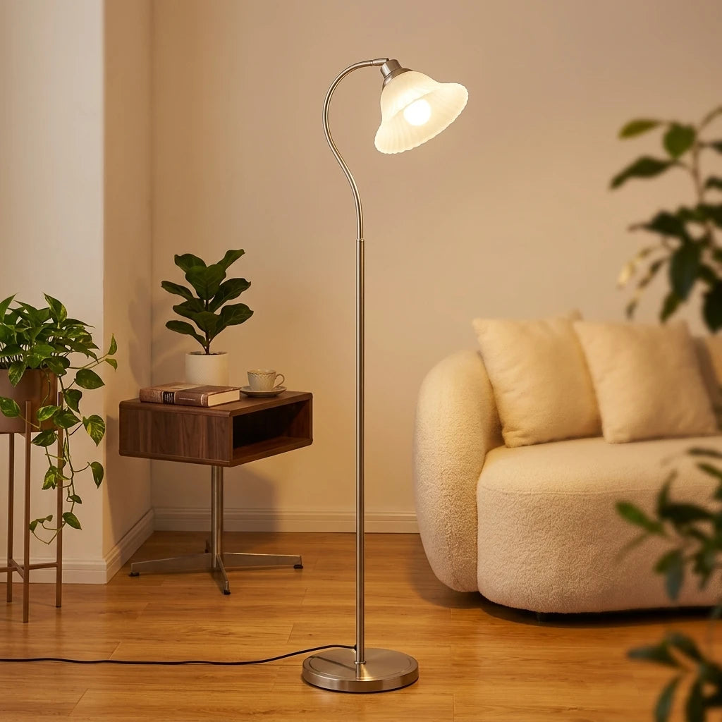 Brushed Nickel Gooseneck Floor Lamp, Cream Cone Shade, Curved Arm On A Round Base, Bedroom, Bedside & Reading Corner