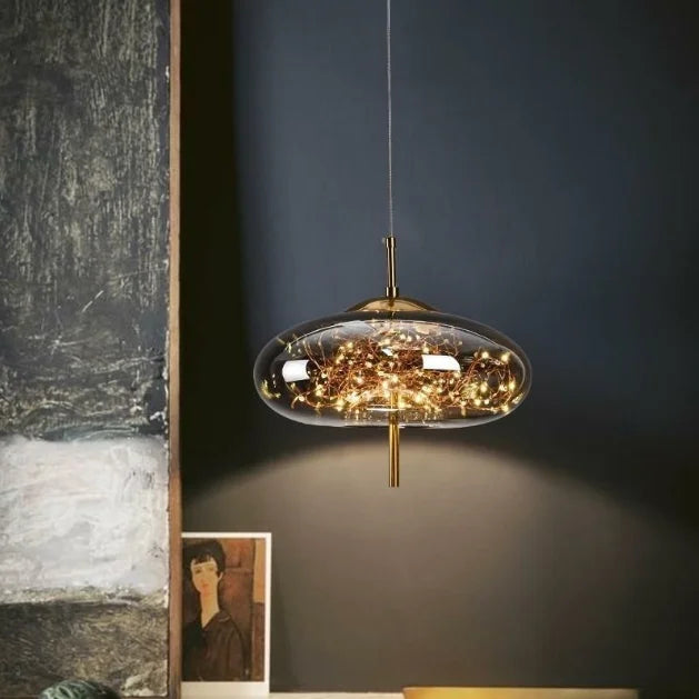 Amber Glass Linear 3-Drop Pendant Light, Warm Fairy Light Filaments, Staggered Brass Stems, Bedside & Dining Table Feature