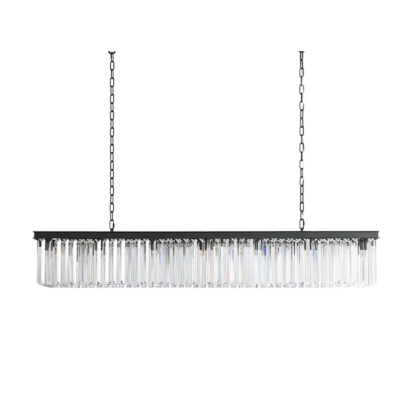 Faceted Crystal Linear Bar Chandelier, Matt Black Frame, Clear Crystal Prisms, Double Chain, Single Fixed Style, Dining Room and Stairwell