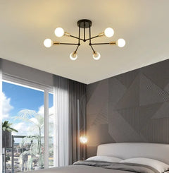 Sputnik Flush Ceiling Light, 6 Bulb Branching Arms in Black and Brass, Bare Round Bulbs, Bedroom, Hallway and Living Room