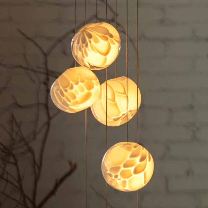 Textured White Cotton Five-Sphere Pendant Light, Staggered Drop Heights, Bulb Not Included, Stairwell & Hallway