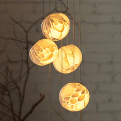 Textured White Cotton Five-Sphere Pendant Light, Staggered Drop Heights, Bulb Not Included, Stairwell & Hallway