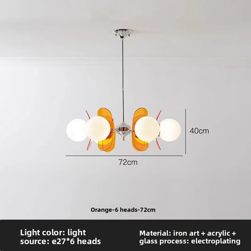 Opal Glass Cluster Chandelier, Chrome Finish, 5 Light Opal Glass Spheres with Brown Fin Panels, Dining Room, Living Room & Bedroom