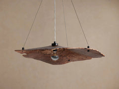 Textured Natural Wood Panel Pendant Light, 38in Live Edge Grain, Fine Cable Suspension, Dining Room & Living Room