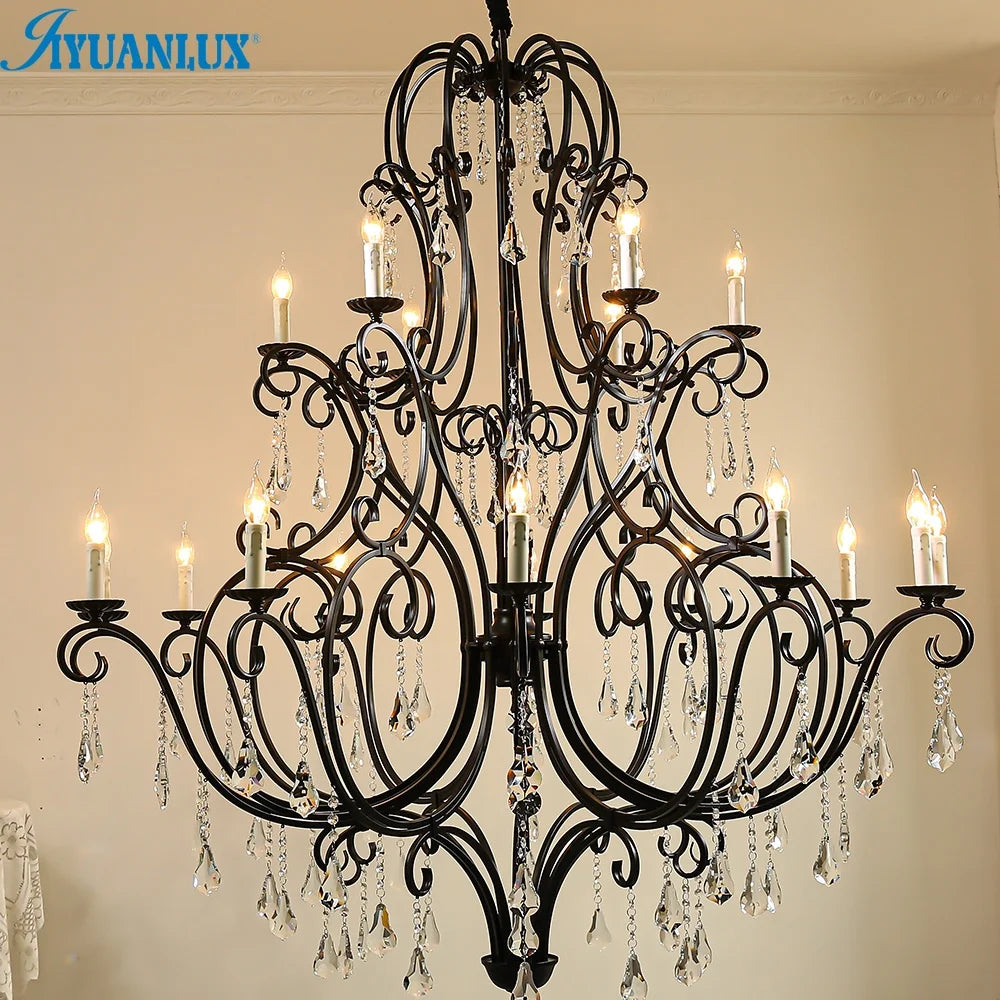 Scrolled Black Iron Branch Chandelier, 18 Light, Clear Crystal Drops, Two Tier Frame, Dining Room and Stairwell