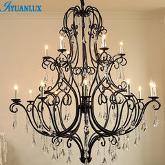 Scrolled Black Iron Branch Chandelier, 18 Light, Clear Crystal Drops, Two Tier Frame, Dining Room and Stairwell