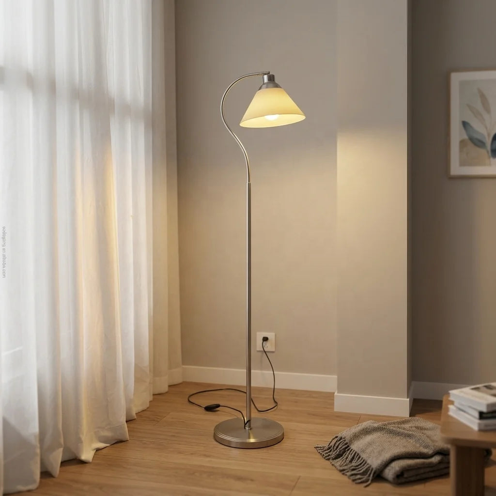 Brushed Nickel Gooseneck Floor Lamp, Cream Cone Shade, Curved Arm On A Round Base, Bedroom, Bedside & Reading Corner
