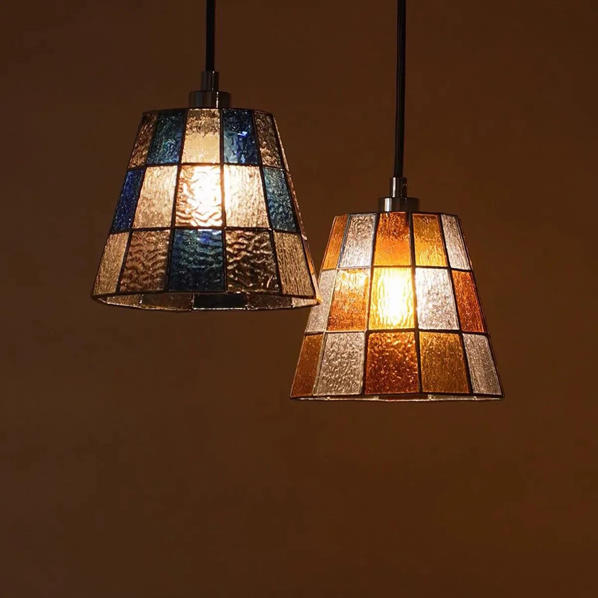 Blue Stained Glass Cone Pendant Light, Leaded Mosaic Panels on a Chrome Fitting, Bulb Not Included, Dining Table & Kitchen