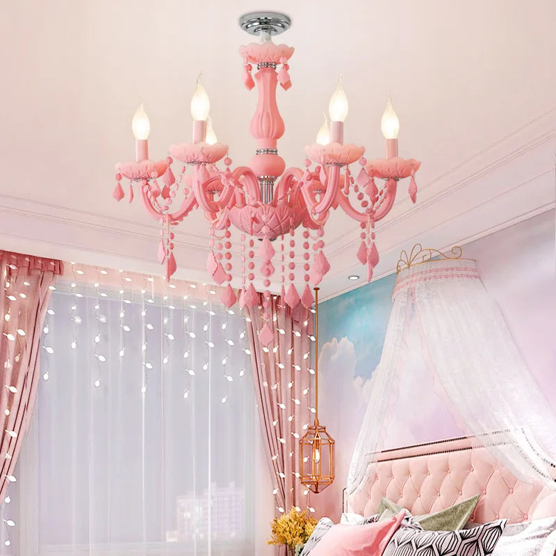 Pink Glass Candelabra Chandelier, 8 Lights, Scrolled Arms, Matching Crystal Drops, Chrome Accent Ring, 72cm Diameter, Bedroom & Living Room