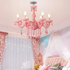 Pink Glass Candelabra Chandelier, 8 Lights, Scrolled Arms, Matching Crystal Drops, Chrome Accent Ring, 72cm Diameter, Bedroom & Living Room