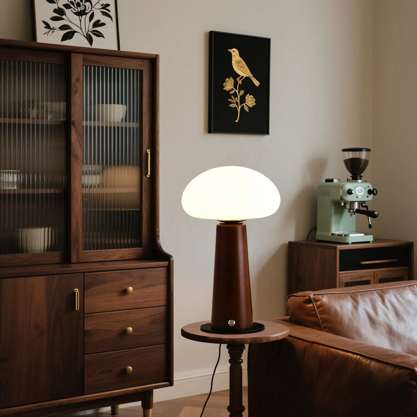 Opal Glass Dome Table Lamp, Tapered Solid Wood Column, Touch Control, Dark Walnut Finish, Bedside & Console, Home Office
