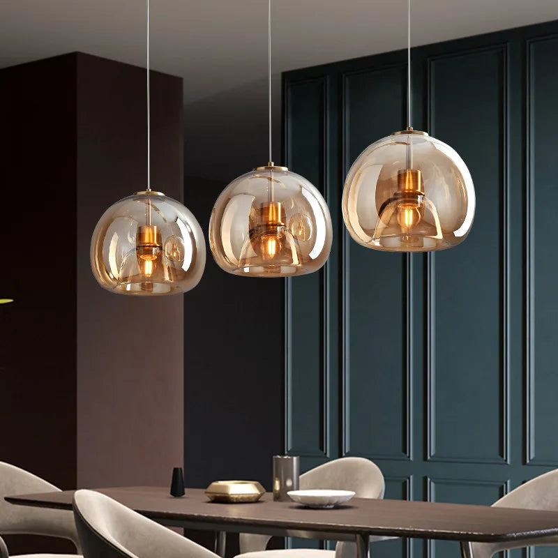 Smoked Amber Glass Globe Cluster Pendant Light, 3 Ombre Spheres on Individual Cables, Dining Table & Kitchen Island