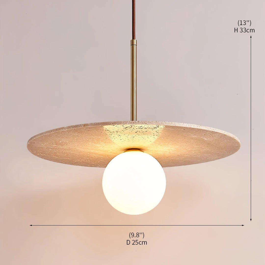 Textured Travertine Disc Pendant Light, 40cm Diameter, Opal Globe Below, Brass Stem, Dining Table & Kitchen Island