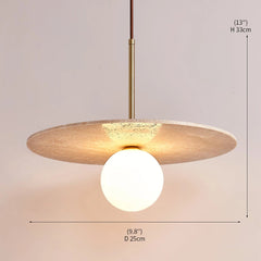 Textured Travertine Disc Pendant Light, 40cm Diameter, Opal Globe Below, Brass Stem, Dining Table & Kitchen Island