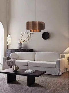 Woven Rattan Drum Pendant Light, Fan Pleated Open Weave Panels, Warm Brown Finish, Dining Table & Kitchen Island