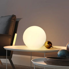 Opal Glass Globe Table Lamp, Offset Sphere on a Slim Brass Pole, Cylindrical White Marble Base, Console & Bedside