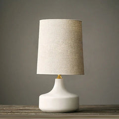 Ceramic Teardrop Table Lamp, White Bulbous Glazed Body, Large Size, Linen Drum Shade, Bedroom, Bedside & Living Room