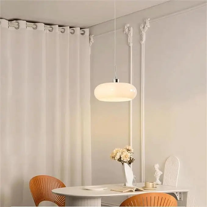 Brown Opal Glass Ellipse Pendant Light, Rounded Drum on a Slim Chrome Cord, Dining Table, Kitchen Island & Living Room