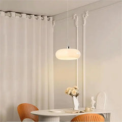 Brown Opal Glass Ellipse Pendant Light, Rounded Drum on a Slim Chrome Cord, Dining Table, Kitchen Island & Living Room