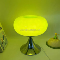 Glossy Yellow Glass Dome Table Lamp on a Chrome Trumpet Base, Rounded Mushroom Silhouette, Bedside & Living Room
