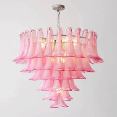 Pink Tiered Glass Petal Chandelier, 120x120x180cm Layered Frosted Shades, Polished Chrome Frame, Dining Room & Living Room