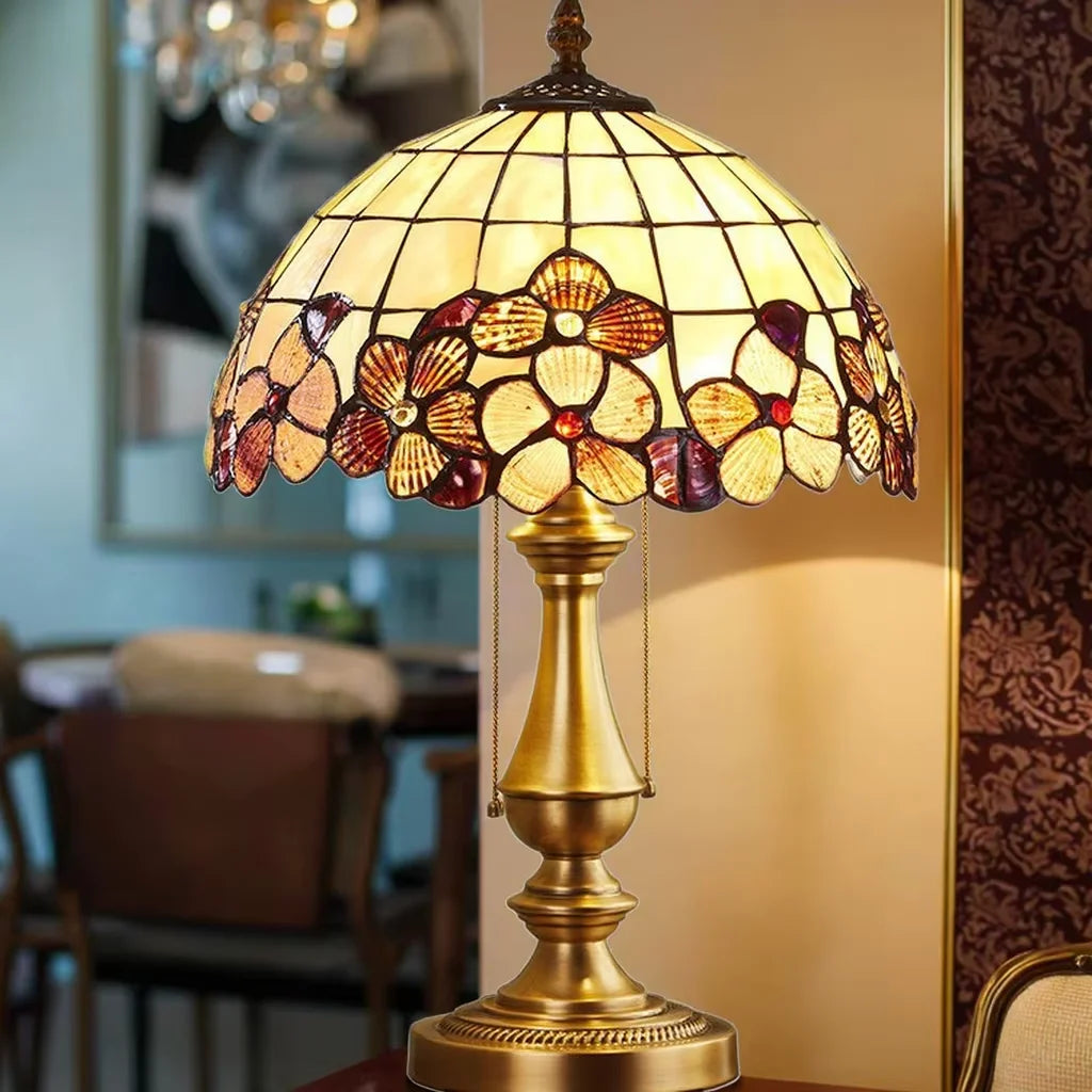 Textured Glass Dome Table Lamp, Cream Floral Glass Panels, Antique Brass Baluster Base, Pull Chain Switch, Living Room