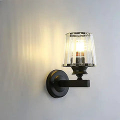 Fluted Glass Cylinder Wall Light, Polished Gold Angled Twin-Arm Bracket, Ribbed Clear Shade, Bedside & Hallway