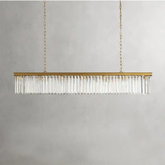 Faceted Crystal Linear Bar Chandelier, Brass Frame, Clear Crystal Prisms, Double Chain, Single Fixed Style, Dining Room and Stairwell