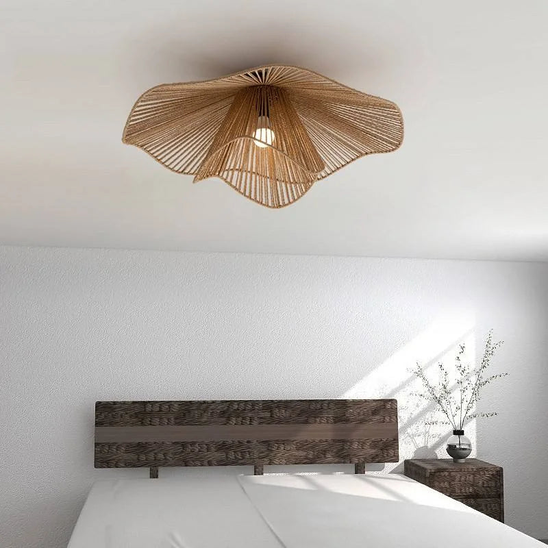 Woven Rattan Flower Flush Ceiling Light, 80cm Natural Petal Shade over an Integrated LED, Dining Room and Bedroom