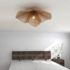 Woven Rattan Flower Flush Ceiling Light, 80cm Natural Petal Shade over an Integrated LED, Dining Room and Bedroom