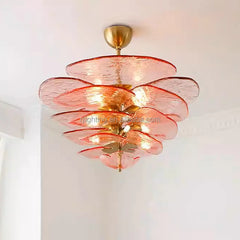 Sculptural Clear Textured Glass Petal Cluster Chandelier, Layered Radiating Panels, Brass Stem, Dining Room & Stairwell