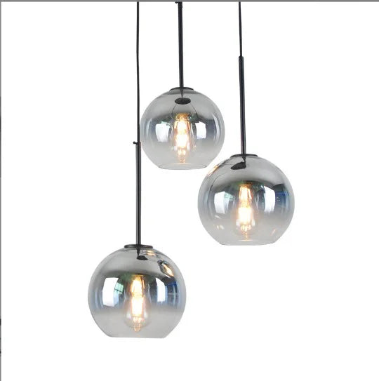 Mirrored Glass Globe Pendant Light, Grey Ombre Finish, 15cm Diameter, Black Cable, Bulb Not Included, Dining Table and Kitchen